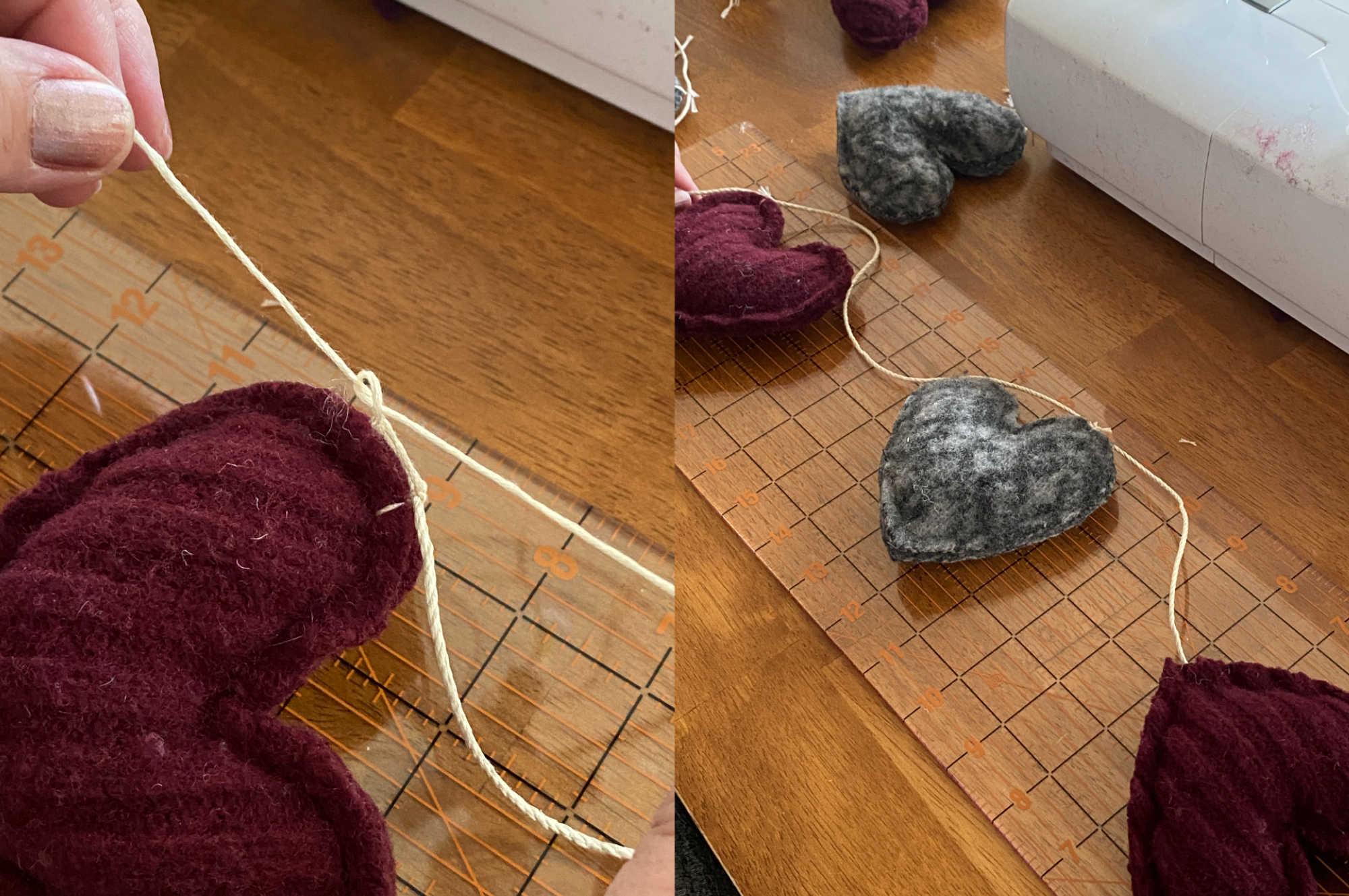 On the left, a maroon felted heart is attached to the garland via a square knot, tied through the loop created in the previous step. On the right, the garland lies on a table, showing that the hearts are evenly spaced.